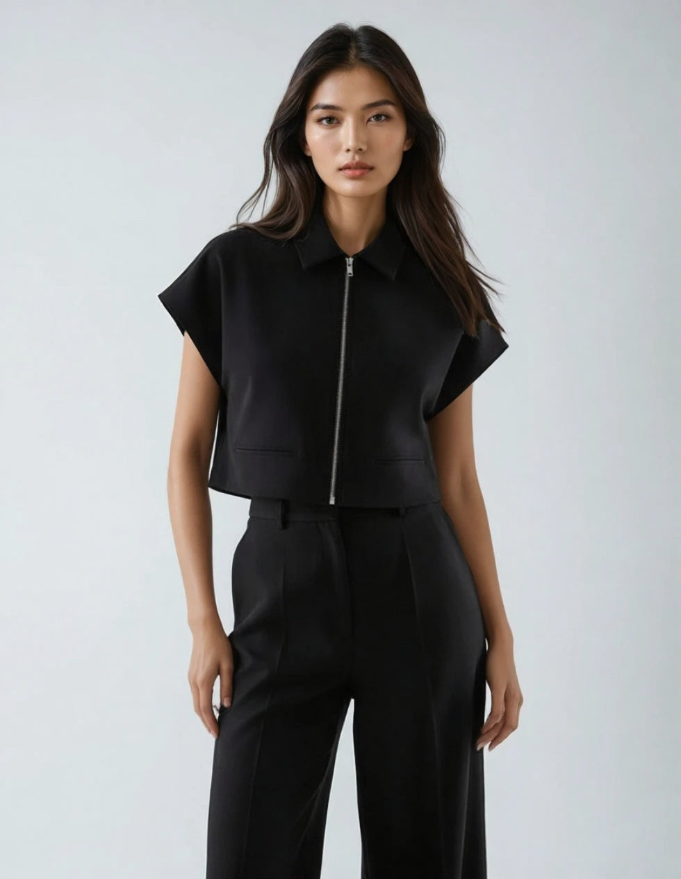 Slim Lapel Zipper Top – Black - Jornélla